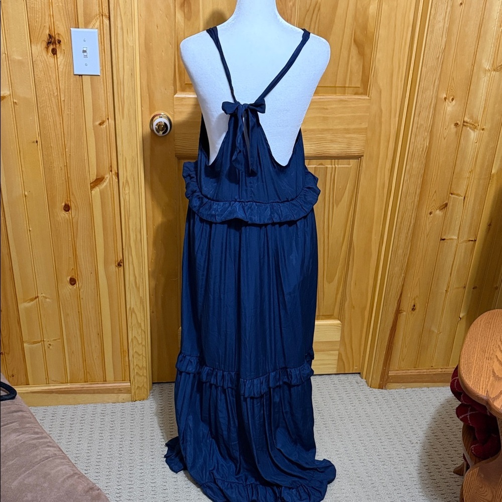 Blue Halter Ruffle Tiered Maxi Dress, Tied Keyhole Opening in Back, Size Small. - Picture 7 of 13
